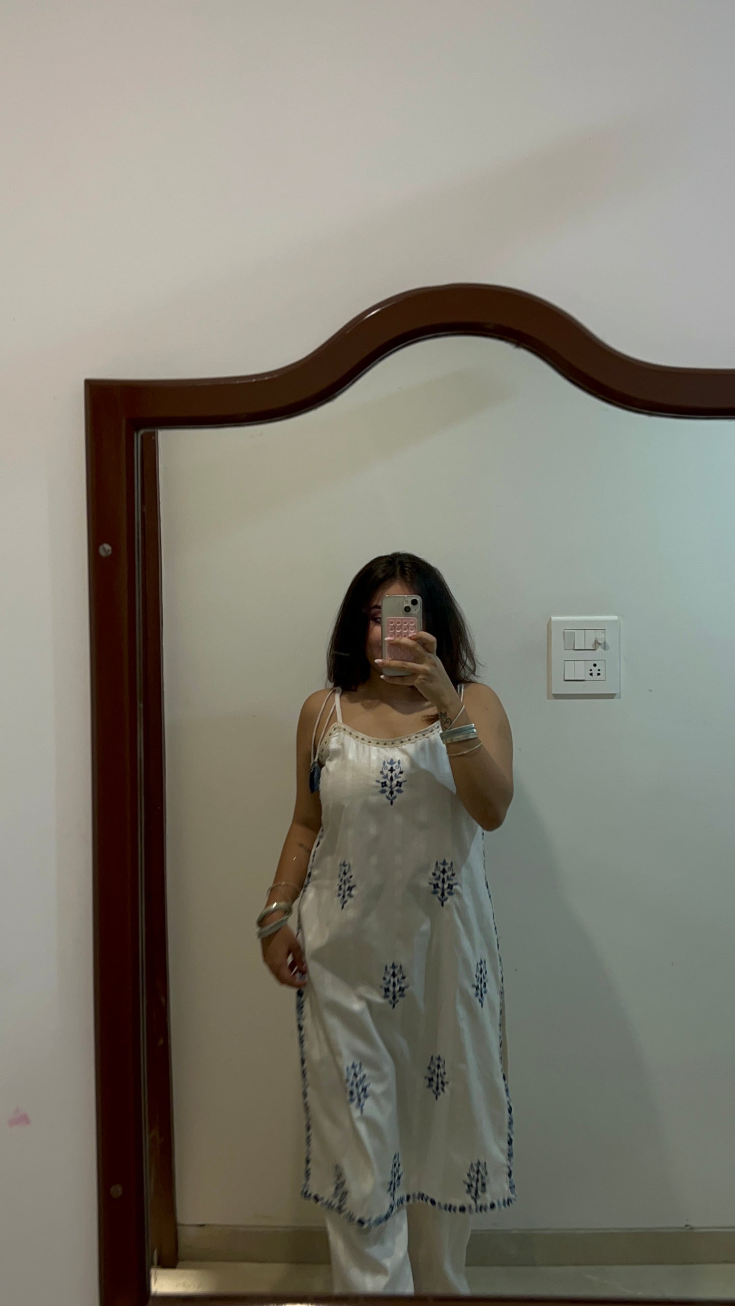 White Kurta Set with Blue Embroidery