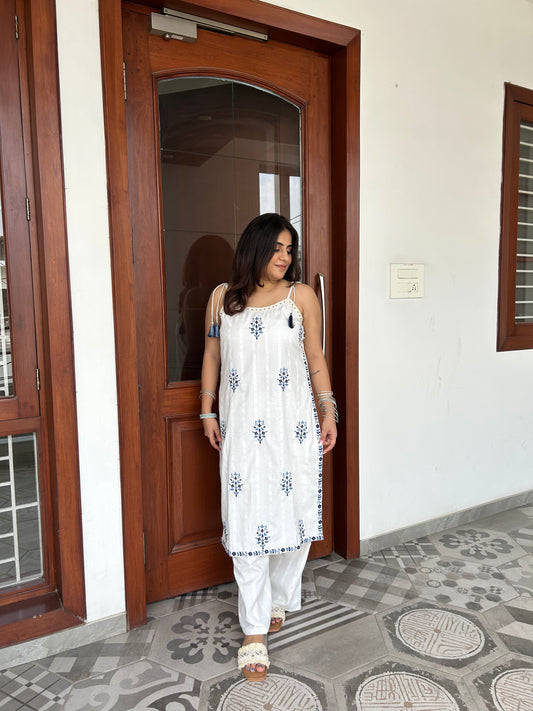 White Kurta Set with Blue Embroidery