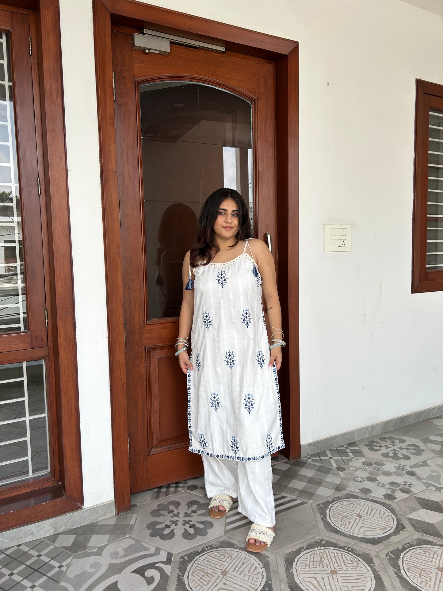 White Kurta Set with Blue Embroidery