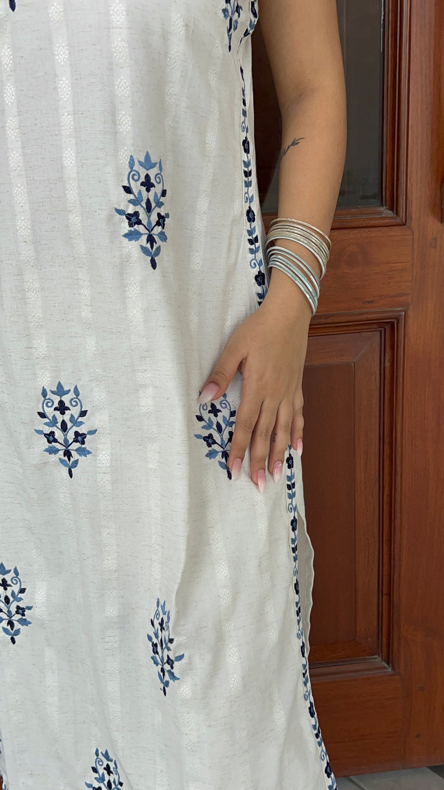 White Kurta Set with Blue Embroidery